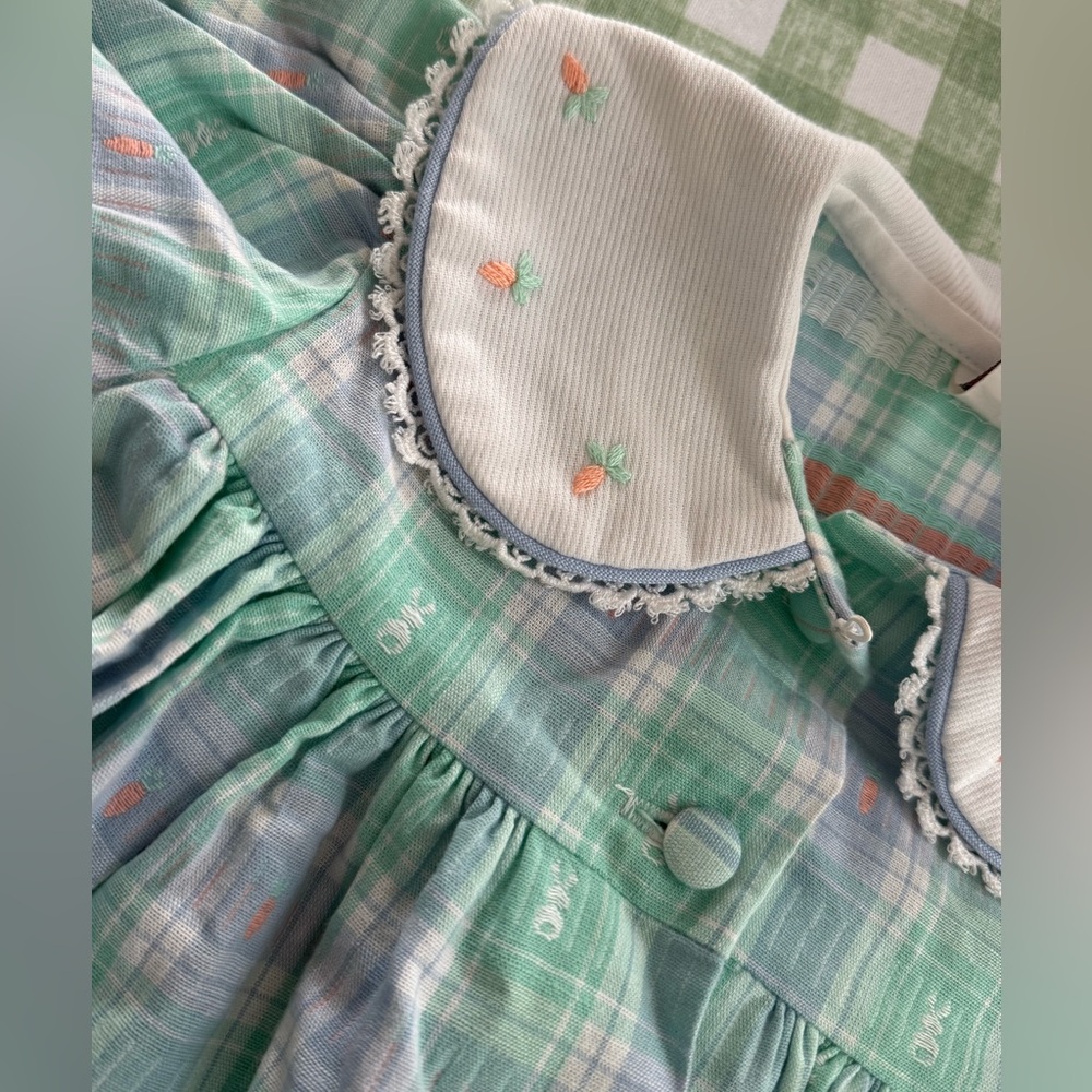 Vintage Easter Mint Green Plaid Dress with Embroidered Collar